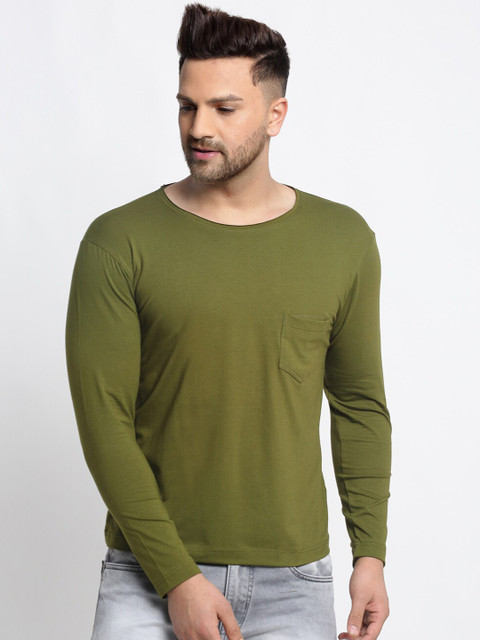 

Friskers Men Olive Green Solid Round Neck T-shirt