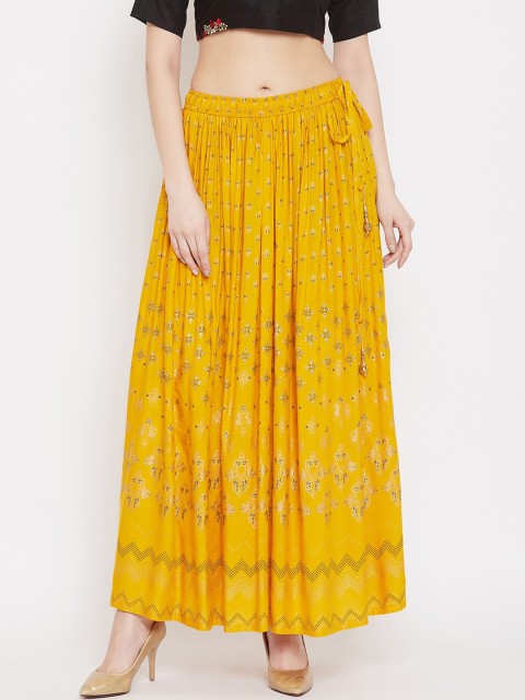 

Clora Creation Women Mustard Yellow & Gold-Color Printed Flared Maxi Skirt