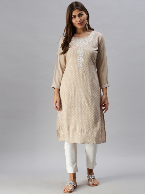 

Soch Women Beige & White Ethnic Motifs Printed Thread Work Kurta