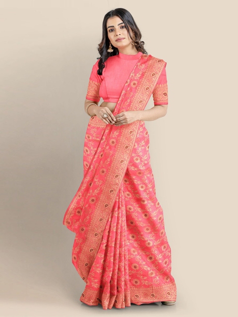 

KLM Fashion Mall Coral Silk Blend Woven Design Banarasi Saree