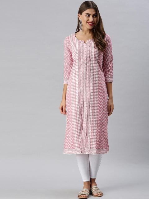 

Soch Women Pink & White Geometric Embroidered Keyhole Neck Pure Cotton Kurta
