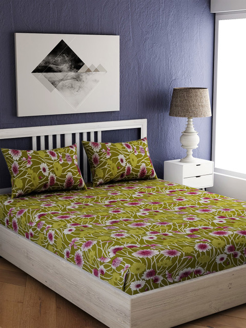 

EverHOME Green & Pink Floral 144 TC Cotton 1 Queen Bedsheet with 2 Pillow Covers