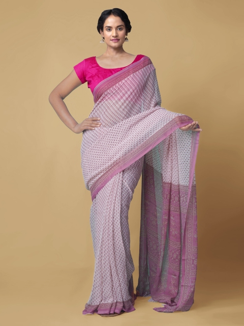 

Unnati Silks Cream-Coloured Pure Chiffon Printed Bhagalpuri Saree