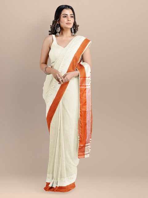 

BharatSthali Cream-Coloured Silk Cotton Solid Maheshwari Saree