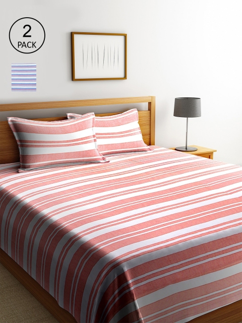 

KLOTTHE Set Of 2 Pink & Blue Striped Double Bed Covers With 4 Pillow Covers