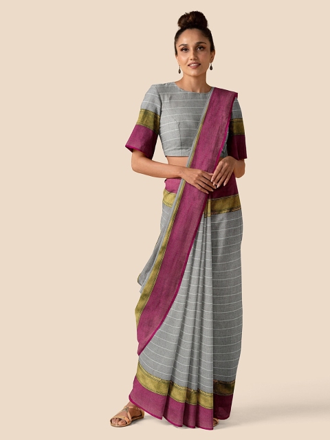 

Taneira Grey Pure Cotton Striped Chettinad Saree