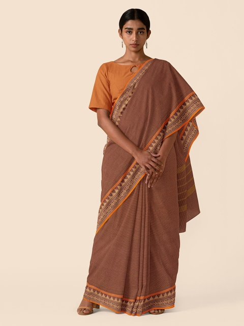 

Taneira Brown & Beige Pure Cotton Striped Chettinad Saree