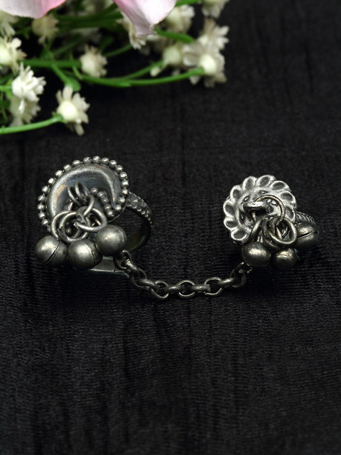 

Moedbuille Ghungroo Studded Oxidised Silver Plated Handcrafted Tribal Double Finger Ring