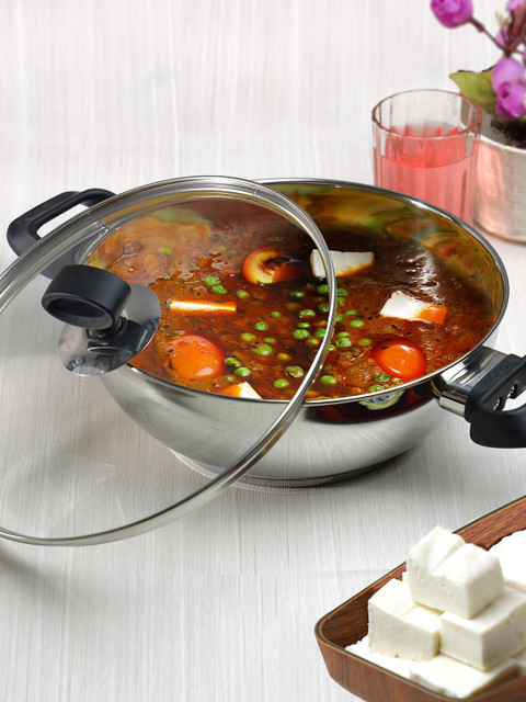 

Vinod Silver-Toned & Black Deluxe Stainless Steel Induction Bottom Kadai With Glass Lid 2800ML