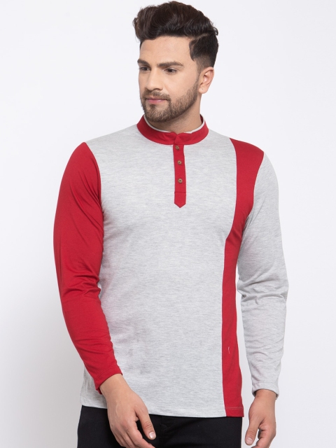 

Kalt Men Grey & Red Colourblocked Mandarin Collar T-shirt