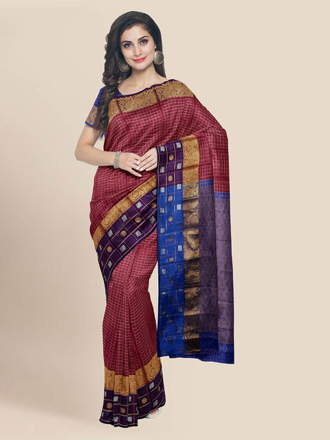 

KLM Fashion Mall Maroon & Blue Silk Blend Woven Design Chanderi Saree