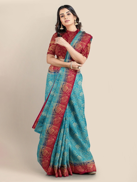 

KLM Fashion Mall Blue Silk Blend Woven Design Banarasi Saree