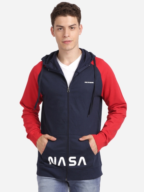 

MASH UNLIMITED Men Navy Blue Colourblocked Hooded Sweatshirt