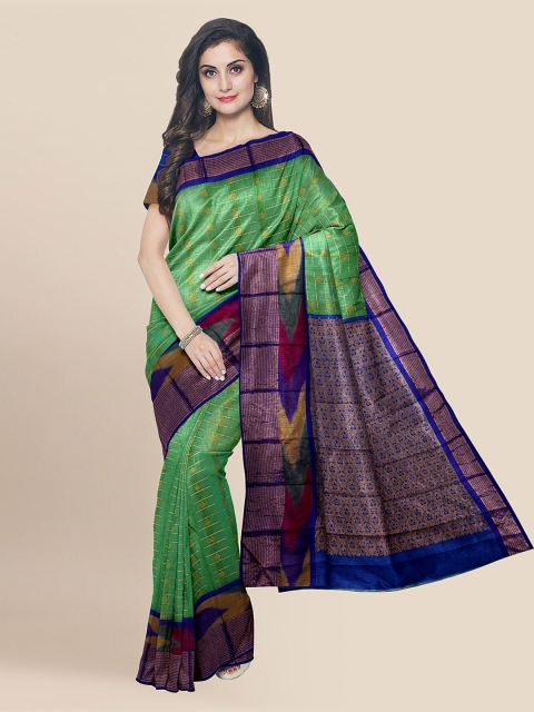 

KLM Fashion Mall Green & Gold-Toned Silk Blend Checked Chanderi Saree