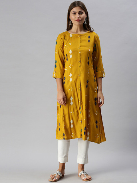 

Soch Women Mustard Yellow & White Geometric Printed Kurta