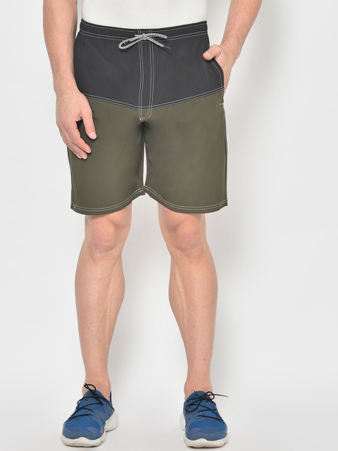 

American-Elm Men Black & Olive Green Colourblocked Regular Fit Sports Shorts