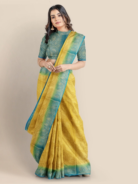 

KLM Fashion Mall Yellow & Green Silk Blend Woven Design Banarasi Saree