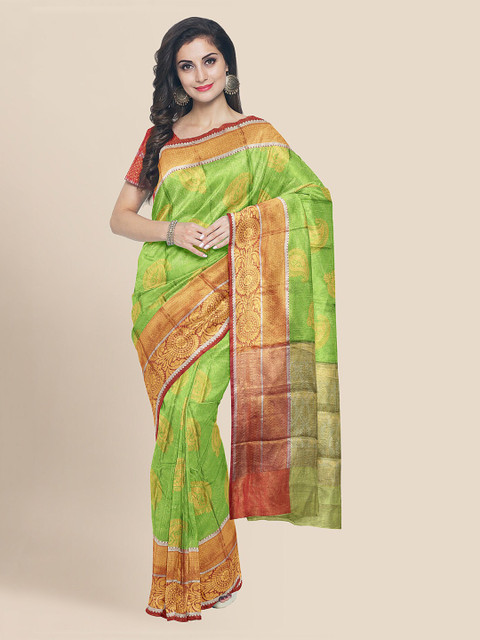 

KLM Fashion Mall Green Silk Blend Woven Design Banarasi Saree
