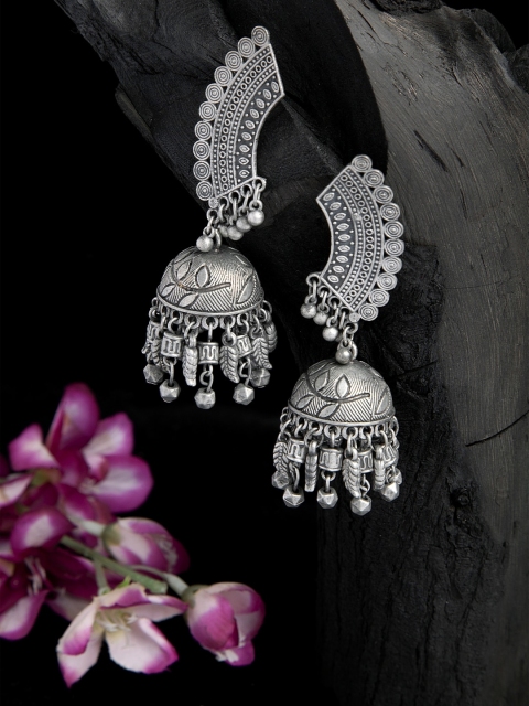 

Moedbuille Beads Studded Tasselled Design Oxidised Silver Plated Handcrafted Jhumkas