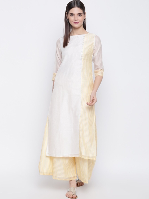 

Shakumbhari Women Yellow & White Colourblocked Chanderi Silk Kurta