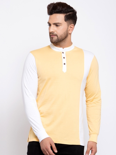 

Kalt Men Yellow & White Colourblocked Henley Neck T-shirt