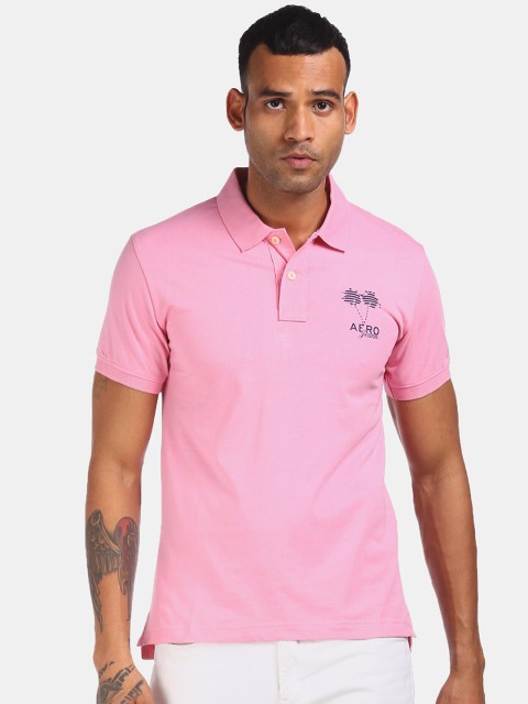 

Aeropostale Men Pink Solid Cotton Polo Collar Pure Cotton T-shirt