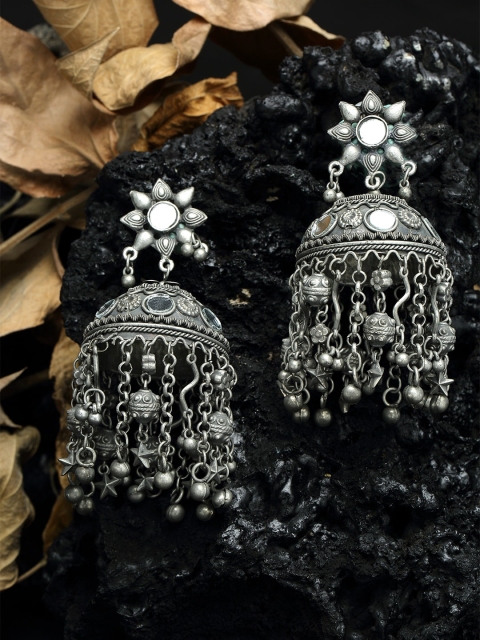

Moedbuille Mirror Studded Floral Design Oxidised Silver Plated Handcrafted Tasselled Jhumkas