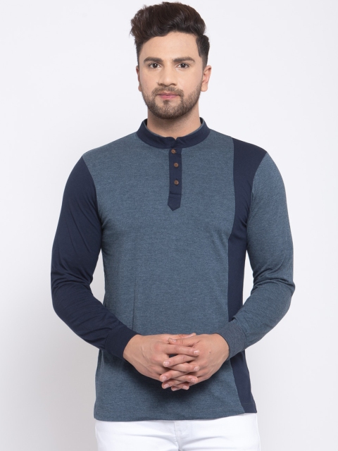 

Kalt Men Blue Self Design Mandarin Collar T-shirt