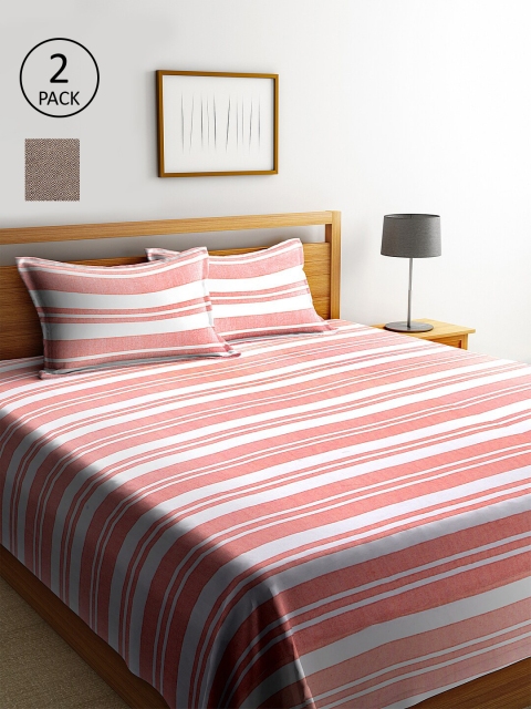 

KLOTTHE Set Of 2 Pink & Brown Striped Double King Bed Covers With 4 Pillow Covers