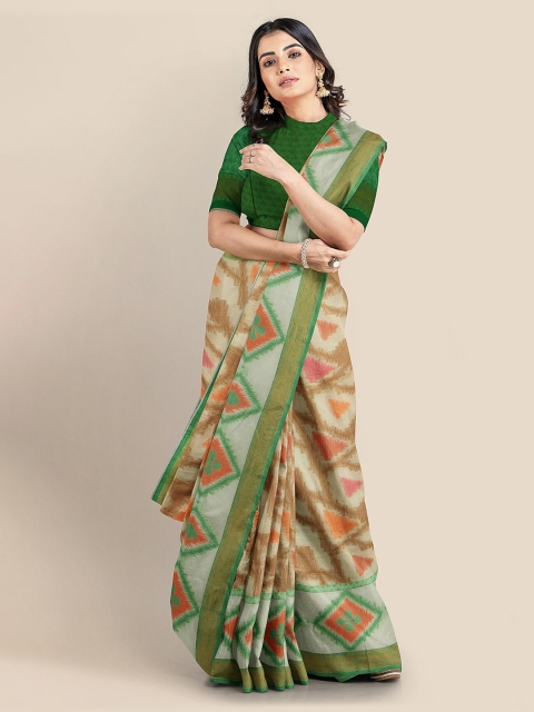 

KLM Fashion Mall Cream-Coloured & Green Silk Blend Printed Chanderi Saree