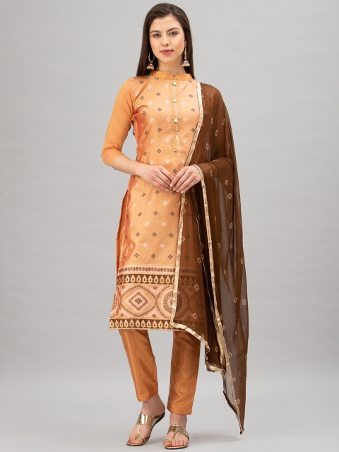 

Satrani Orange & Brown Cotton Blend Unstitched Dress Material
