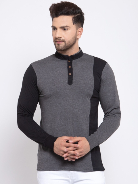 

Kalt Men Charcoal & Black Colourblocked Mandarin Collar T-shirt