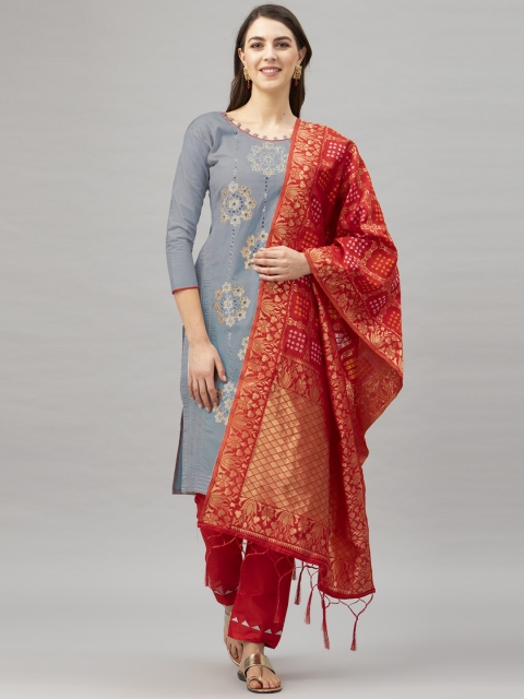 

Satrani Grey & Red Embroidered Cotton Blend Unstitched Dress Material