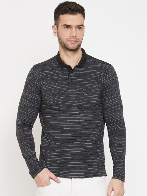 

Crimsoune Club Men Charcoal Grey & White Striped Polo Collar T-shirt