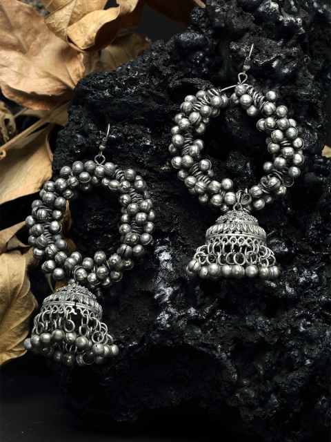 

Moedbuille Ghungroo Studded Tribal Design Oxidised Silver Plated Handcrafted Chandelier Jhumkas