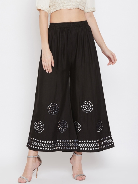 

Clora Creation Women Black Mirror Work Embellished Wide Leg Palazzos