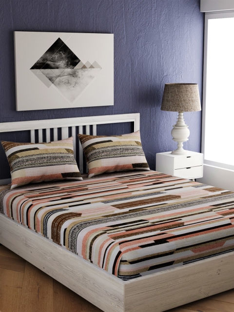 

EverHOME White & Brown Abstract 144 TC Cotton 1 Queen Bedsheet with 2 Pillow Covers
