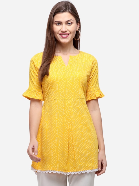 

Sanisa Women Yellow Geometric Printed Bell Sleeves Crepe Khadi Kurta