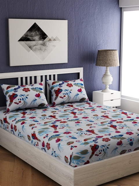 

EverHOME Off-White & Red Floral 144 TC Cotton 1 Queen Bedsheet with 2 Pillow Covers