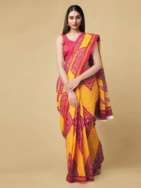 

Unnati Silks Red Pure Cotton Striped Bandhani Saree
