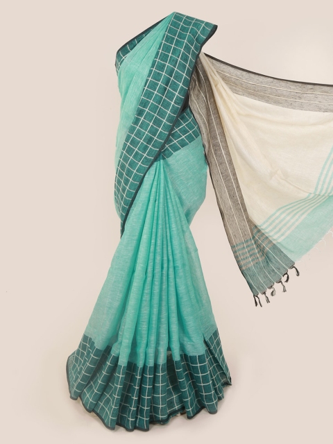 

Pothys Green Solid Linen Blend Saree With Tasseled Pallu