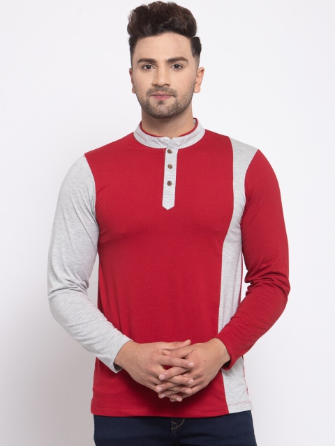

Kalt Men Red & Grey Colourblocked Henley Neck T-shirt