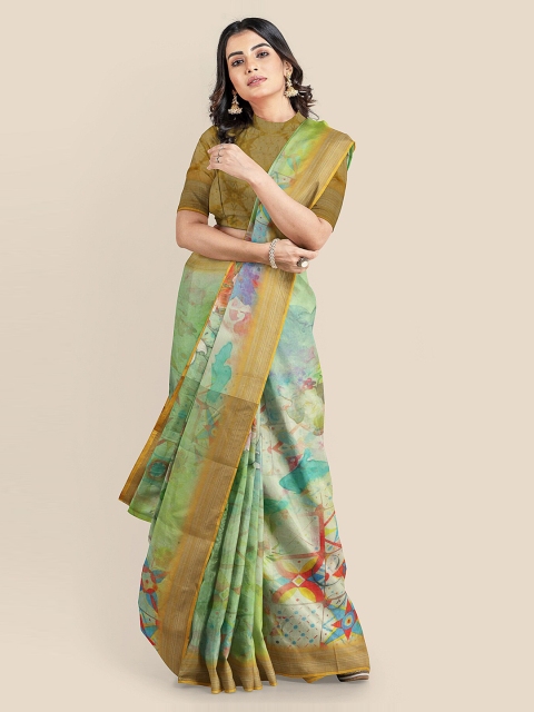 

KLM Fashion Mall Green & Brown Linen Blend Printed Banarasi Saree