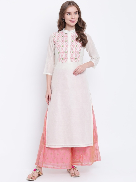 

Shakumbhari Women White Floral Embroidered Thread Work Chanderi Silk Kurta