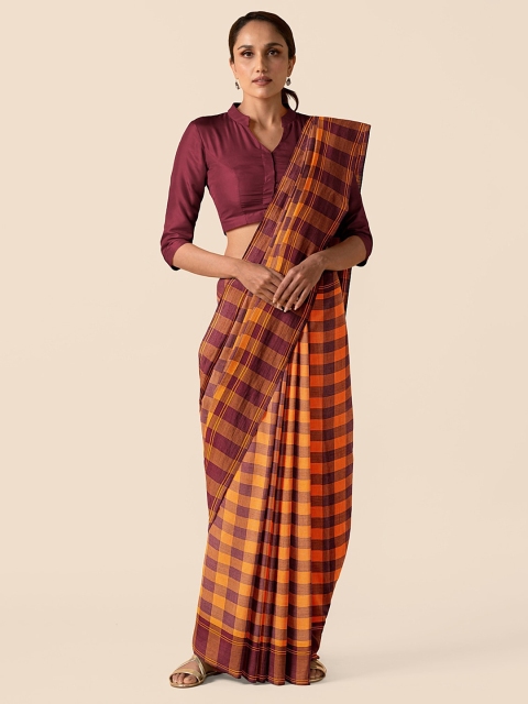 

Taneira Maroon & Yellow Pure Cotton Checked Chettinad Saree