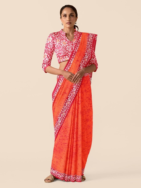 Taneira Red Pure Cotton Printed Block Print Saree