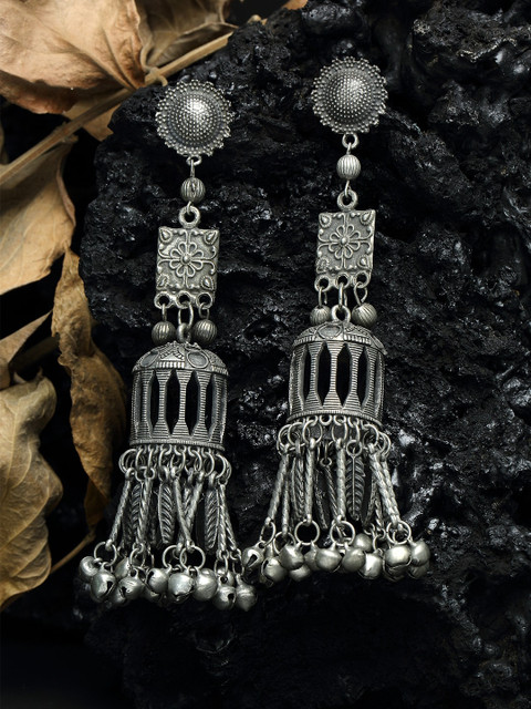 

Moedbuille Ghungroo Studded Layered Tasselled Design Oxidised Silver Plated Handcrafted Jhumkas