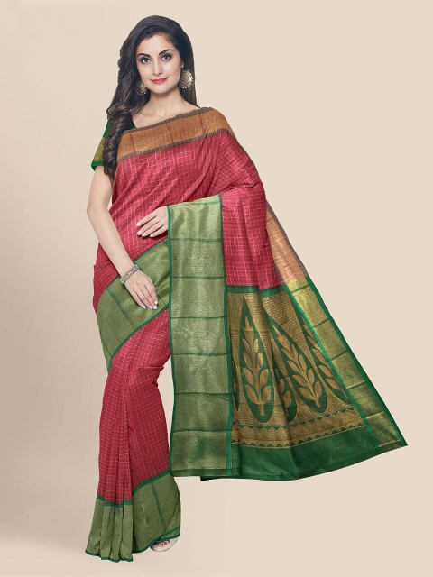

KLM Fashion Mall Pink Silk Blend Checked Chanderi Saree