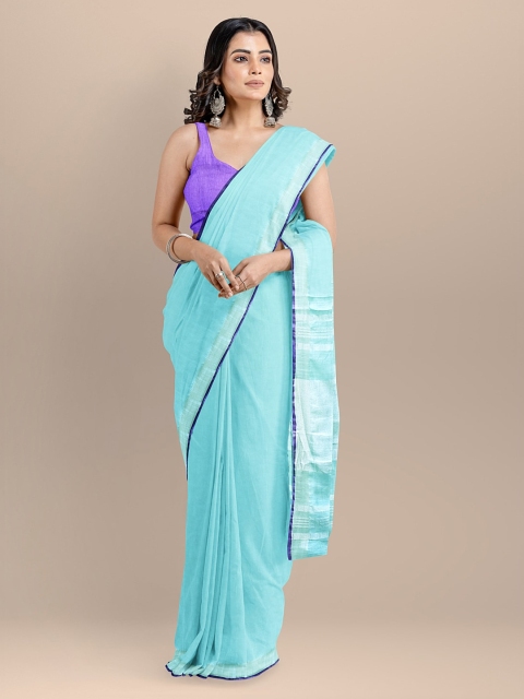 

BharatSthali Blue Silk Cotton Solid Mangalagiri Saree