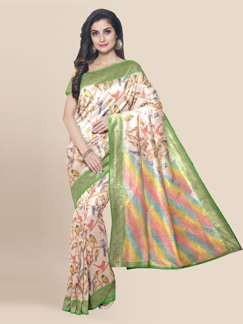 

KLM Fashion Mall Beige Linen Blend Printed Banarasi Saree